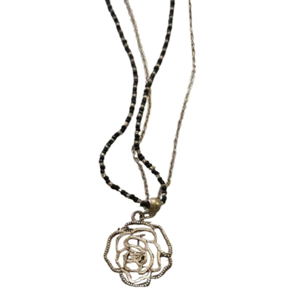 Vintage New Silver and Black Rose Pendant Necklace Bead And Chain Strands